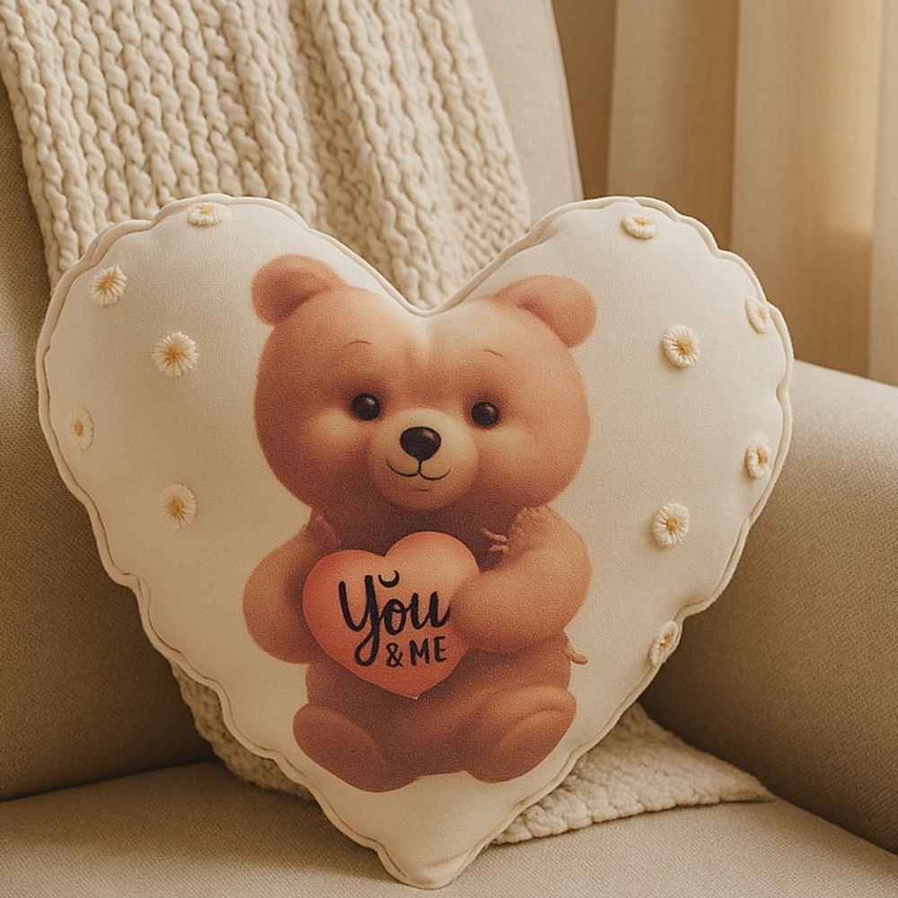 Teddy Bear Heart Throw Pillow – Cute You & Me Accent Cushion